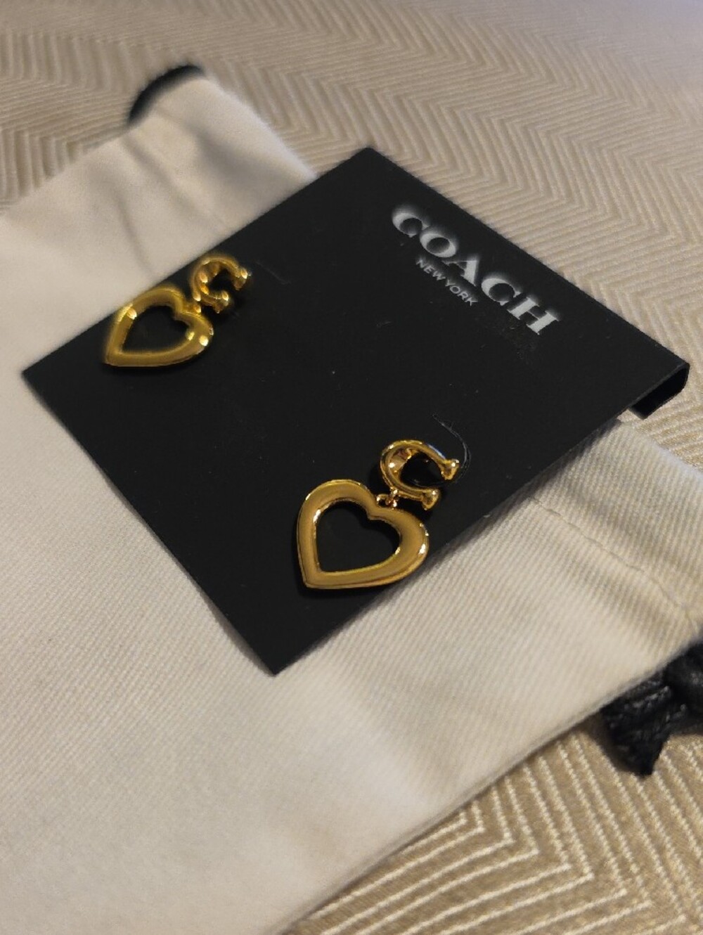 Coach Gold Heart Drop Earrings with Signature C Motif - Picture 4 of 4